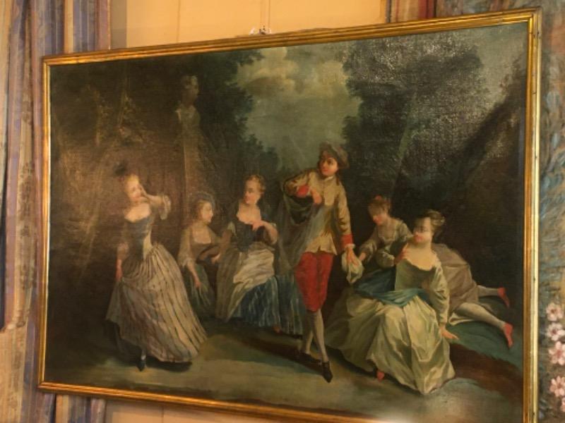 Grande huile sur toile encadrée d’époque 18 ème représentant une scène galante