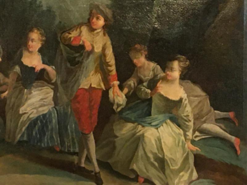 Grande huile sur toile encadrée d’époque 18 ème représentant une scène galante