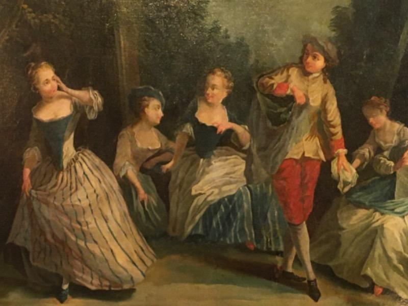 Grande huile sur toile encadrée d’époque 18 ème représentant une scène galante