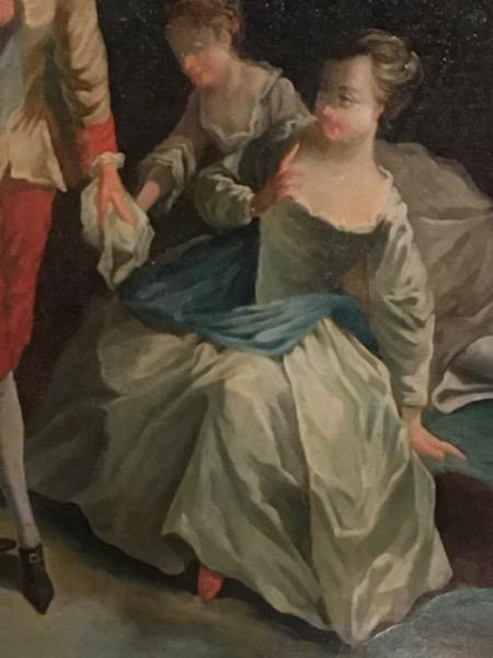 Grande huile sur toile encadrée d’époque 18 ème représentant une scène galante