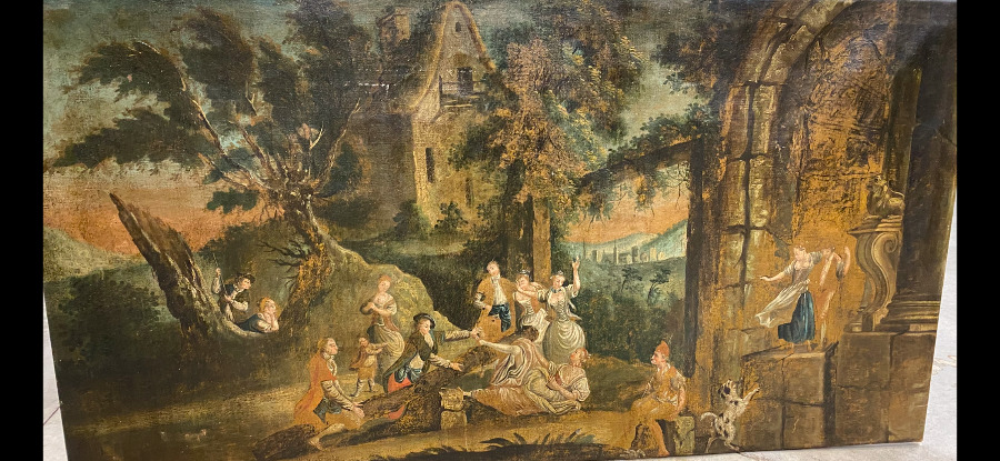 Grande Huile sur toile représentant une scène de genre ( bucolique )