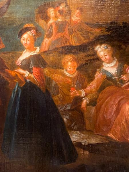 HSToile d’époque XVIII ème réentoilée ´ scène galante au crépuscule ´ clair-obscure 