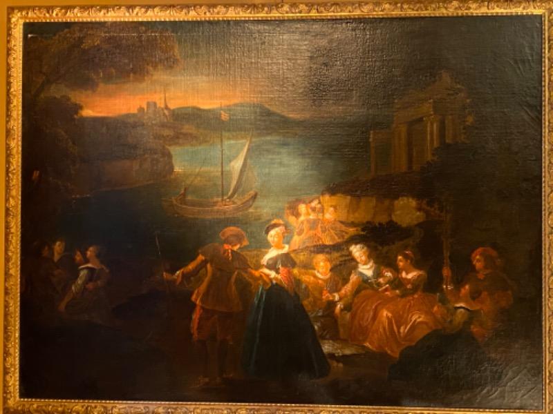 HSToile d’époque XVIII ème réentoilée ´ scène galante au crépuscule ´ clair-obscure 