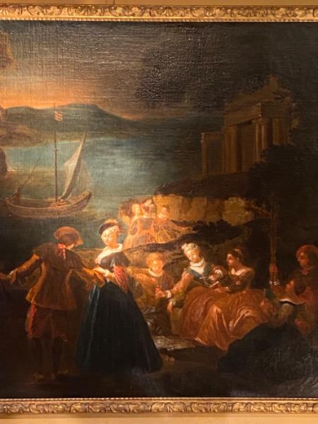 HSToile d’époque XVIII ème réentoilée ´ scène galante au crépuscule ´ clair-obscure 