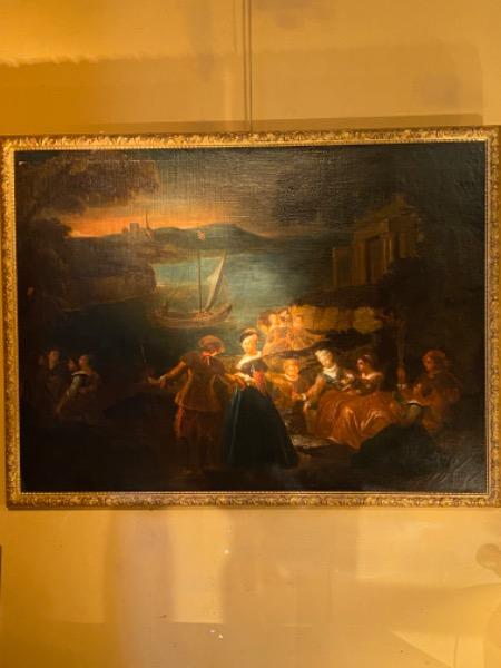 HSToile d’époque XVIII ème réentoilée ´ scène galante au crépuscule ´ clair-obscure 