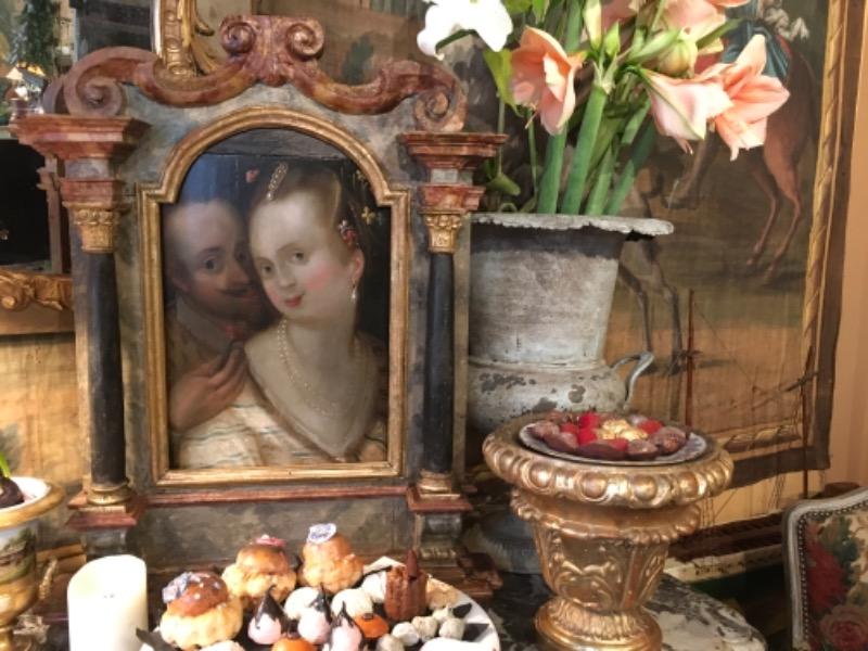 Huile sur panneau début XIX ème ( beau cadre en bois sculpté polychrome italie XVIII ème