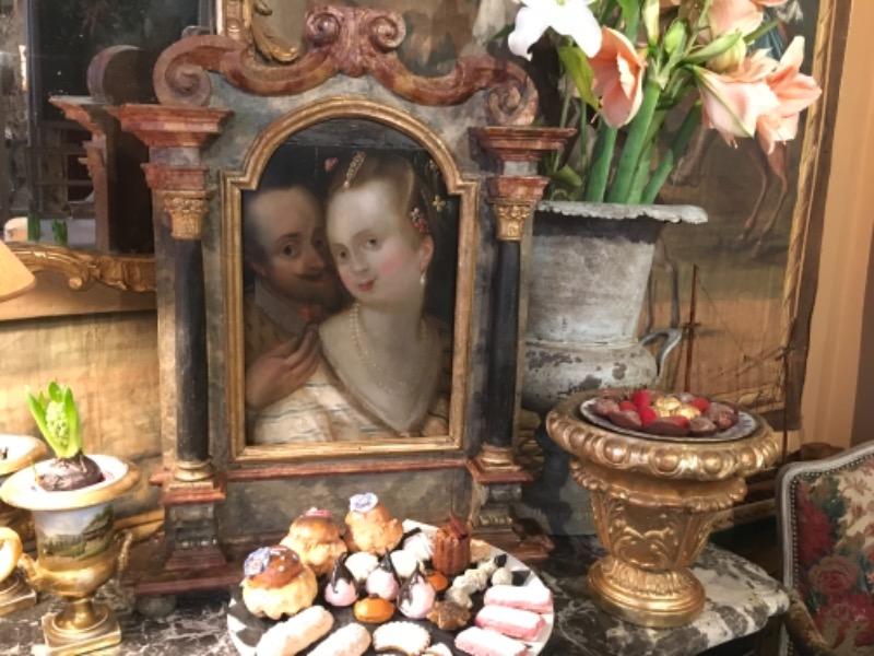 Huile sur panneau début XIX ème ( beau cadre en bois sculpté polychrome italie XVIII ème