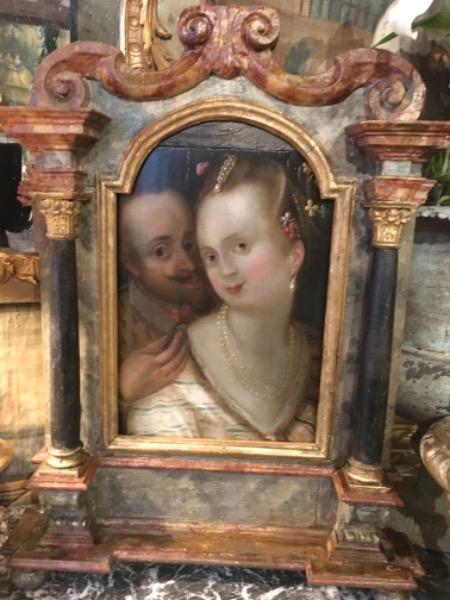 Huile sur panneau début XIX ème ( beau cadre en bois sculpté polychrome italie XVIII ème