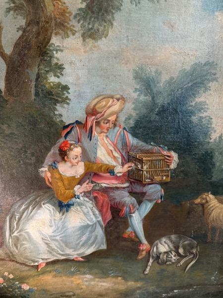 Huile sur toile représentant une scène galante dans le goût de Boucher XVIII ème