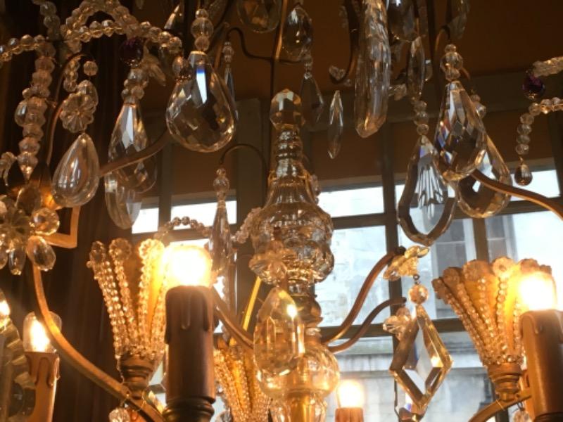 Lustre-cage Baguès début de siècle à 6 lumières et 12 réflecteurs en verre et cristal 