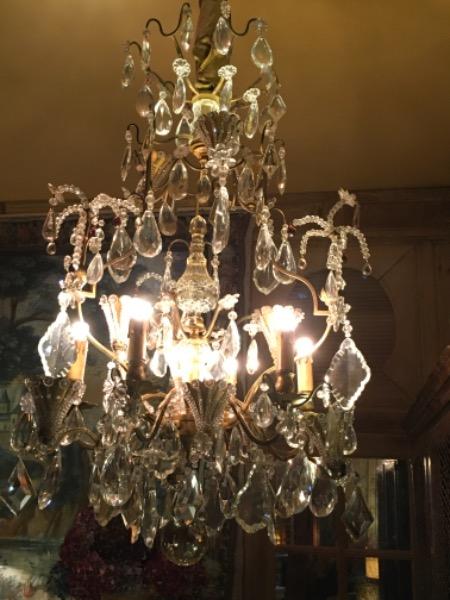 Lustre-cage Baguès début de siècle à 6 lumières et 12 réflecteurs en verre et cristal 