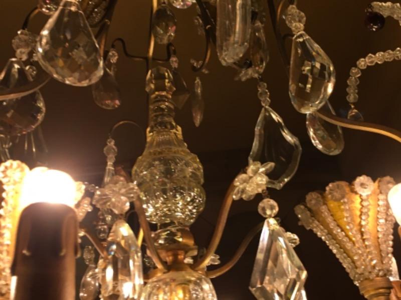 Lustre-cage Baguès début de siècle à 6 lumières et 12 réflecteurs en verre et cristal 