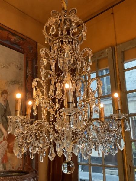 Lustre-cage perlé XIX ème à 6 lumières en verre et cristal