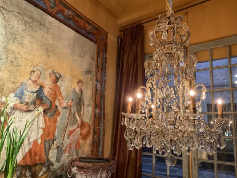 Lustre-cage perlé XIX ème à 6 lumières en verre et cristal