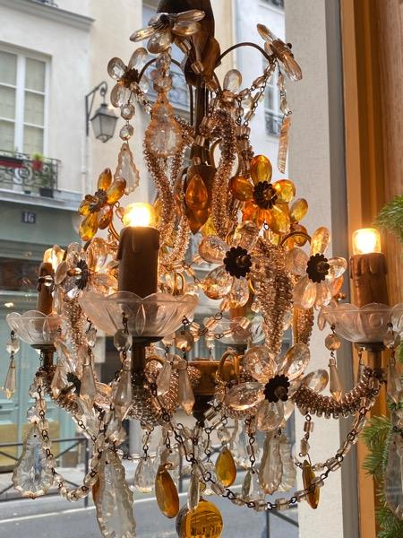 Petit lustre d’alcôve couleur ambre XX ème à 4 lumières 